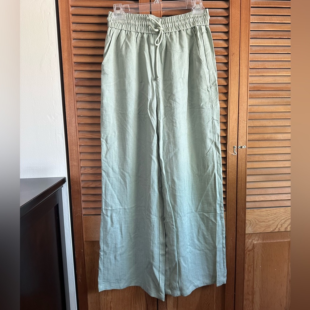 High Waisted Drawstring Pocket Wide Leg Casual Linen-Feel Pants. Petite